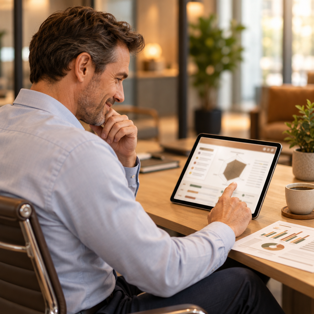 Empresário pensativo à mesa, apontando para gráficos de desempenho do negócio em um tablet