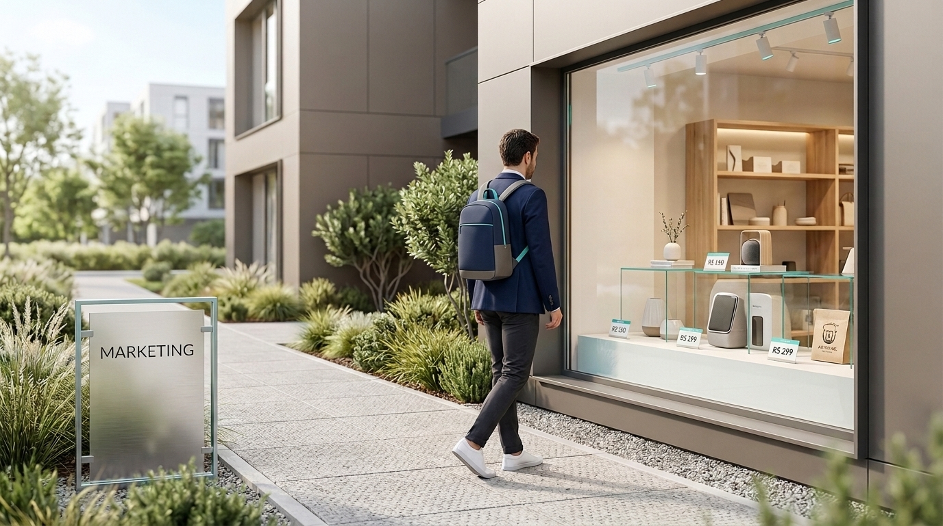 Nível 02 Tração: empreendedor diante da vitrine da própria marca ao lado da placa Marketing