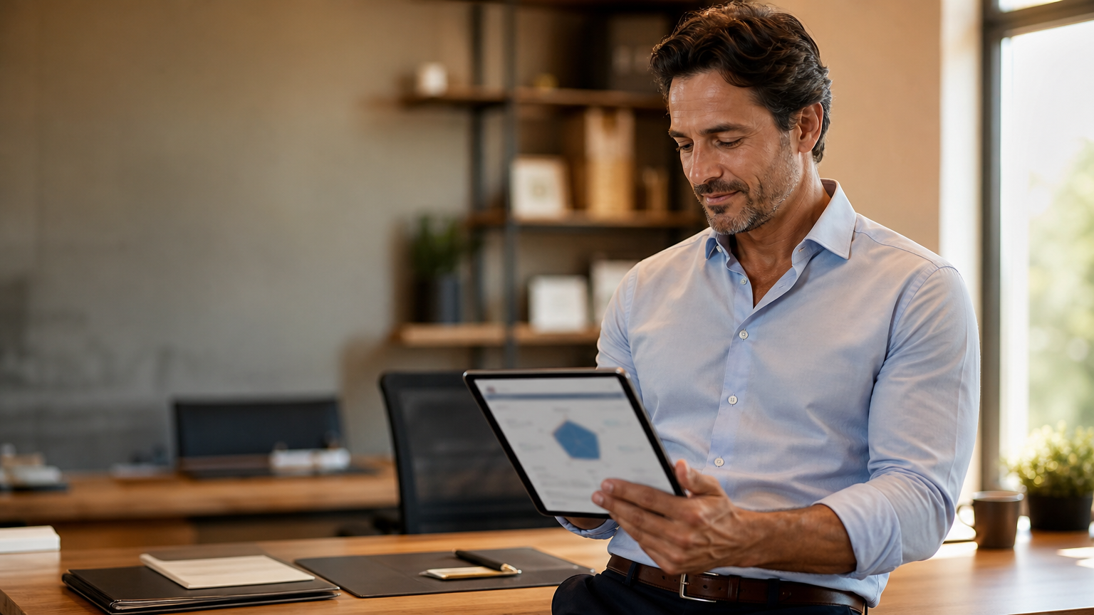 Empresário apoiado na mesa do escritório, analisando o desempenho do negócio em um tablet