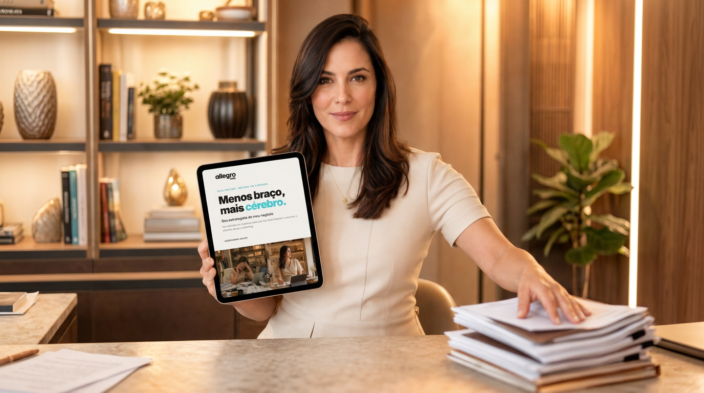 Empreendedora apresentando em um tablet a capa do Guia Menos braço, mais cérebro