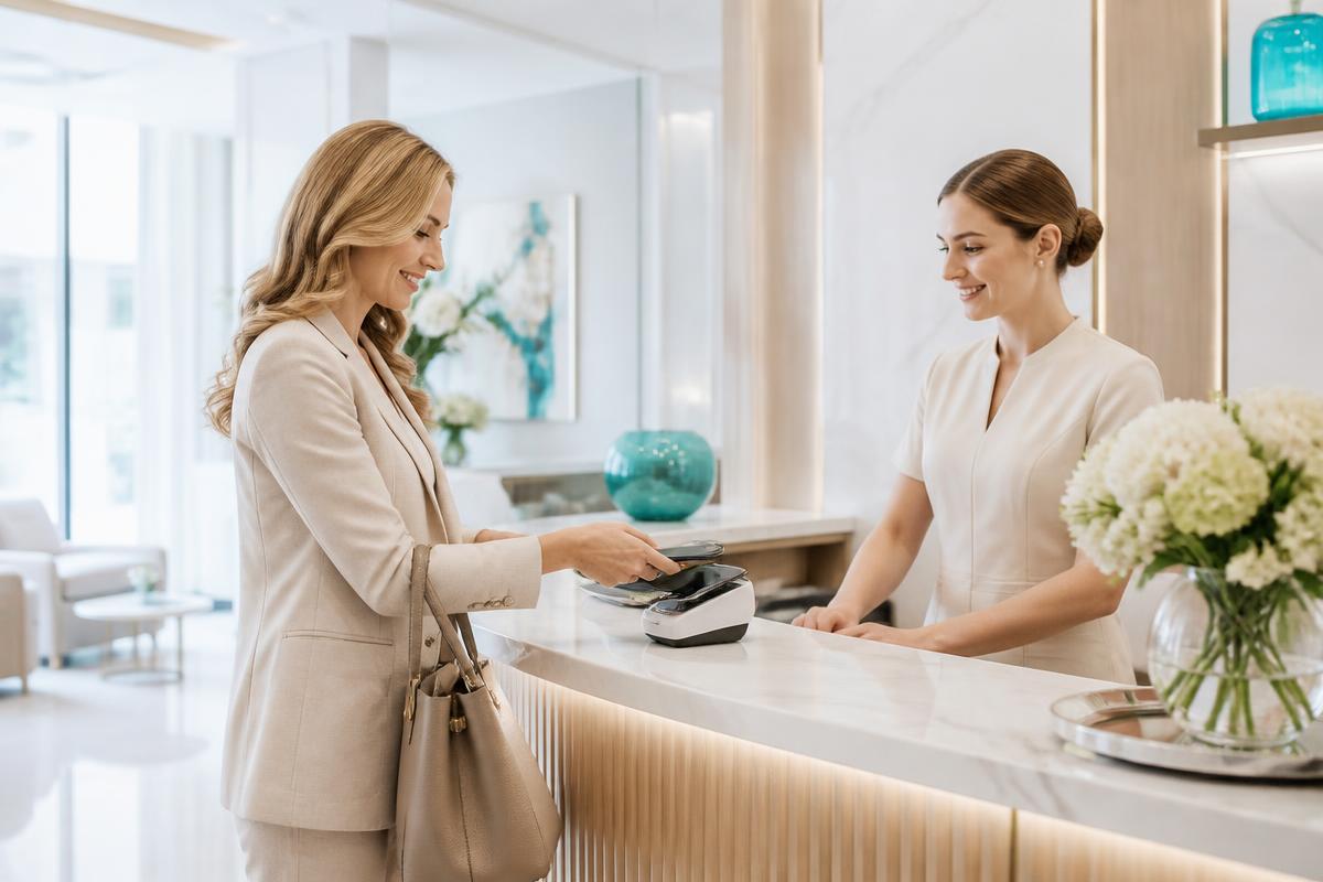 Cliente pagando pelo celular na recepção clara de uma clínica premium